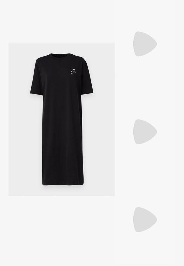 Black T-shirt dress made of cotton, featuring a round neckline and short sleeves. Small white "CK" logo on the left chest.; Silver embellished block-heeled sandals with an open toe and ankle strap. Features a glittery texture on the straps and a tan sole.; Black handbag with dual short handles and a removable shoulder strap. Smooth leather-like material with a zip closure and logo detail.; Silver hoop earrings with a smooth, curved design. Features a shiny metallic finish and stud closure. No visible patterns or accents.