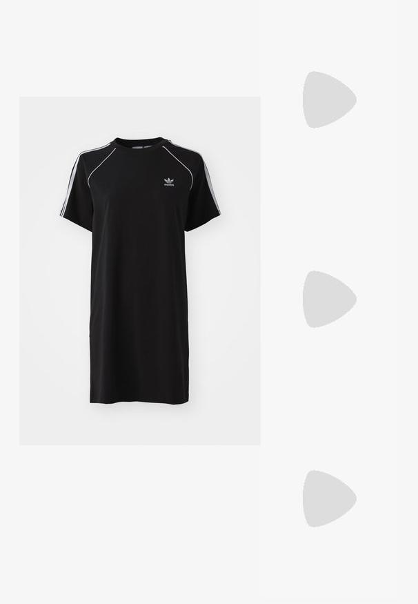 Rochie neagră cu mâneci scurte, confecționată dintr-un material moale, cu dungi albe pe laturi, guler rotund și un mic logo pe piept.; Pantofi slingback din piele neagră cu vârf ascuțit, toc jos și design cu decupaj pe laterale. Textură netedă, cu un aspect elegant.; Ochelari de soare ovale negri, cu un finisaj lucios și rame groase; bratele albe care se îngustează treptat, având lentile întunecate.; Geantă de umăr alb-negru cu un vârf rotunjit, cu un model de bule, realizată dintr-un material neted și echipată cu două mânere din țesătură rezistentă.