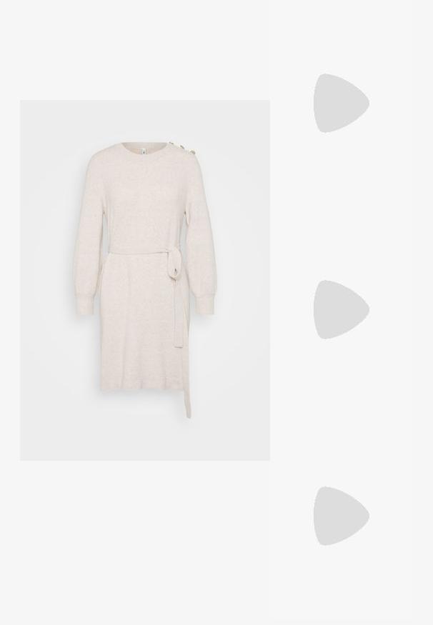 Dark brown ribbed crop top with wide straps, round neckline, and seamless design. Features a fitted silhouette and stretchy fabric for comfort.; Beige knit dress with a round neckline, long balloon sleeves, waist tie, and side slit. Features decorative buttons on the shoulder.; Black leather ankle-length boots with a pointed toe, smooth texture, and a silver buckle accent on the side. Chunky square heel.; Black leather bag with a rectangular shape, featuring a unique knotted handle and a detachable shoulder strap. Smooth texture and minimal seams.; Silver hoop earring with a polished finish, featuring small gold accent details and a round shape, worn on the lobe.