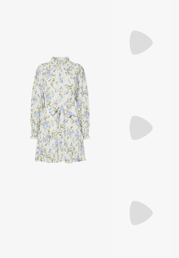 Hvid langærmet crop top, lavet af blødt bomuld, med rund halsudskæring og en tætsiddende design med minimale sømme og ingen pynt.; Blomsterkjole i hvid med blå og grønne blomster, med krave, knaplukning foran, lange ærmer med elastiske manchetter og et bånd i taljen.; Beige patenterede læder slingback hæle med spids tå og 5 cm hæl, med udskårne sider og en tynd ankelrem.; Skildpaddemønster solbriller med aflange ovale linser, brun farve, guldlogo accenter på stængerne og slanke sorte arme.; Beige mønsteret taske med en buet form, læderdetaljer og et guldtonet logo på fronten. Har et kort håndtag for nem bæring.