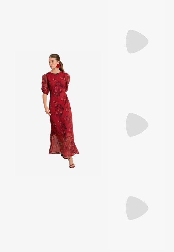 Rochie maxi roșie cu flori, cu mâneci puff transparente, bust ajustat și fustă vaporoasă. Prezentând un model cu trandafiri și o talie pusă în evidență.; Zign LEATHER - Pantofi slip-on - mottled beige; Ochelari de soare bej supradimensionați cu rame transparente și lentile cu nuanță maronie, având accente florale subtile și un design geometric îndrăzneț.; Geantă de mână din piele crem, cu o formă de semilună, accesorii aurii, accente negre și o curea detașabilă. Are un detaliu cu lanț și eticheta.