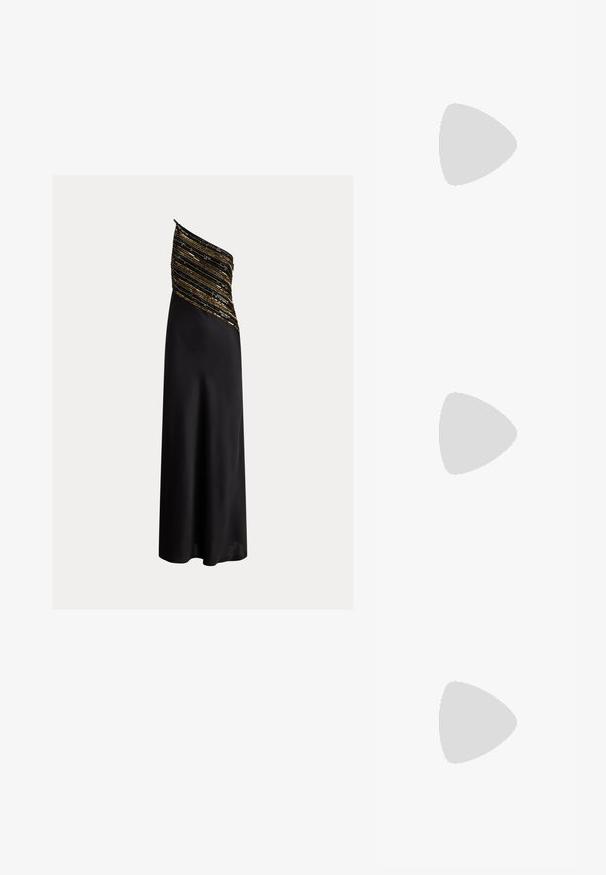 Čierne večerné šaty s drapovaným, asymetrickým korzetom posypaným zlatými a čiernymi flitrami. Hladká, splývavá tkanina klesá až na podlahu.; Castañer MATILDA - Klasické lodičky na opätku - oro; Čierna kožená kabelka so štruktúrovaným dizajnom, dvojitými hornými uchami, odnímateľným ramenným popruhom, zlatými kovovými detailmi a akcentom logového prívesku.; Náušnice v zlatej farbe, ktoré majú obdĺžnikový, transparentný kryštál visiaci pod radom malých, guľatých, čírych akcentov. Elegantný, moderný dizajn.