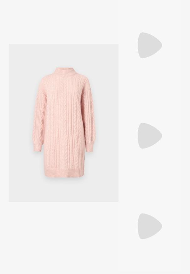 Soft pink cable-knit sweater dress with long sleeves and a ribbed mock neck, hem, and cuffs on a white background.; Black high-heeled sandal with a sleek design, featuring an ankle strap, open toe, and smooth leather texture.; Black leather handbag with a curved shape, detachable strap, and gold hardware. The bag features a flap with a buckle detail.; Gold hoop earrings with a textured, irregular shape. Features a seamless closure and a polished surface finish, emphasizing a modern design.