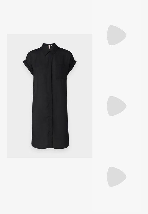 Black shirt dress made of smooth fabric, featuring a classic collar, short rolled sleeves, a front button closure, and a chest pocket.; Brown braided strap flip-flop with a soft sole and tan footbed, featuring a rounded design and textured rubber outsole for traction.; Black leather tote bag with smooth texture, rectangular shape, and two long handles. No visible hardware or embellishments.; Gold-tone hoop earrings with a smooth, polished finish. Features a half-circle shape and a secure post closure.