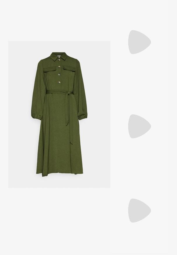 Rochie verde măsliniu din material texturat, având un guler, nasturi în față, două buzunare pe piept, o curea la talie și mâneci lungi umflate.; Boots de glezna maronii cu un finisaj din piele netedă, panouri laterale elastice și o talpă groasă. Prezintă o bucată de prindere la spate pentru a facilita îmbrăcarea.; Ochelari de soare dreptunghiulari cu ramă din plastic cu model broască țestoasă, lentile închise la culoare și accente argintii pe laterale. Fabricat în Italia.; Geantă de umăr din piele maro, cu model logo, curea cu lanț aurit, închidere cu fermoar și accente aurii. Formă compactă și rectangulară.