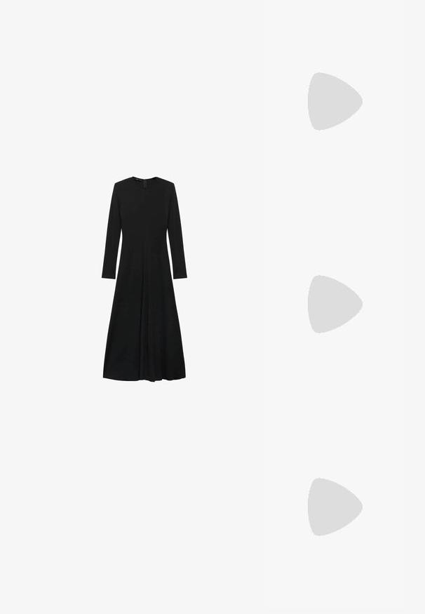Black long-sleeve dress with a round neckline, featuring a straight cut and pleated skirt. Made from smooth, lightweight fabric.; Anna Field Boots - black; Black leather crossbody bag featuring a smooth texture, rectangular shape, and a metallic chain detail on the front. Adjustable strap included.; Silver hoop earrings with a smooth, polished finish. Round shape, lightweight design, featuring a secure clasp mechanism.