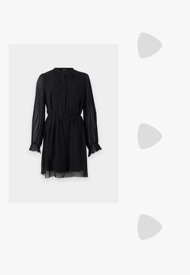 Black dress with a round neck, long sheer pleated sleeves, and a waist belt. The fabric is smooth, with a flowing silhouette and ruffled cuffs.; Black patent leather platform sandals with an ankle strap, featuring a chunky high heel and peep-toe design. Smooth texture and glossy finish.; Silver metallic pouch bag with a soft, rounded shape and a knotted top closure. Made from smooth faux leather material.; Silver hoop earrings with a minimalist design. Circular shape, smooth texture, and thin profile. Lightweight with a polished finish.