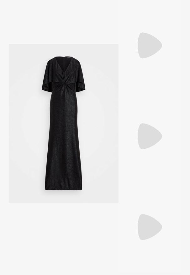 Abito da sera nero con scollatura a V e maniche corte a sbuffo, realizzato in un tessuto strutturato e con una silhouette aderente che si allarga all'orlo.; Sandalo infradito in pelle nera con cinturino regolabile alla caviglia, soletta piatta e dettagli di cucitura sottili, caratterizzato da un'accents in argento vicino al punte.; Borsa a tracolla nera in pelle con due tasche frontali, fibbie dorate, chiusura con zip e una tracolla sottile. Superficie texturizzata e forma rettangolare compatta.; Orecchini a cerchio in metallo color oro con forma curva ed allungata. Presentano una superficie liscia e lucida e una punta arrotondata per un tocco di dettaglio in più.