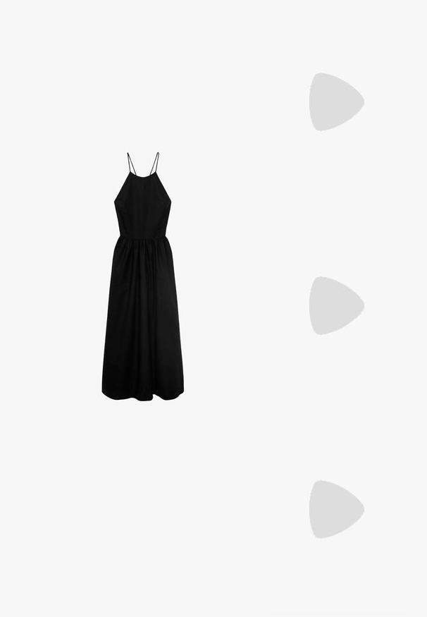 Mustan, yhden olkapään toppi, joka on valmistettu sileästä kankaasta, ja siinä on tiukka siluetti sekä siisti, ommeltu kaula-aukko. Ei näkyviä kuvioita tai koristeita.; Musta ilmanhiha dressi, jossa on korkea kaula-aukko, hyvin istuva vartalonosa ja kerrottu hame. Valmistettu sileästä kankaasta, jossa on ohuet olkaimet.; Lauren Ralph Lauren ALLIE MID HEEL SUEDE SANDAL - Sandaalit nilkkaremmillä - black; Mustat aurinkolasit, joissa on kapea kissamainen muoto. Valmistettu sileästä muovista, tummilla linsseillä ja hienovaraisilla logokorostuksilla temples.