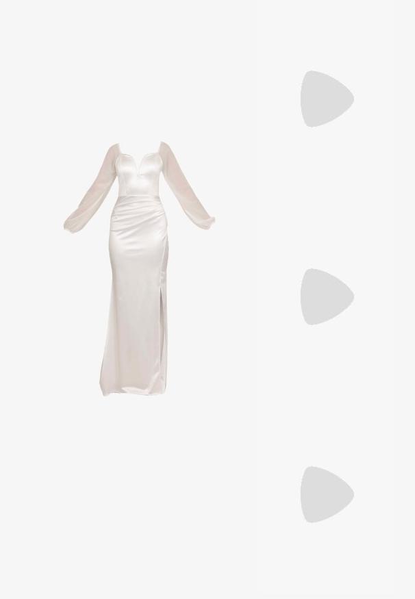 Pitkähihainen valkoinen samettimekko, jossa on syvä V-pääntie, rypytetty vyötärö ja sivureikä, läpinäkyvillä ilmapallo-hihoilla ja tiukalla siluetilla.; Valkoinen korkokenkä, jossa on terävä kärkimuotoilu, nahkamateriaali, säädettävä nilkkahihna, johon on koristeltu kristalleilla, ja kapea stiletto-korko.; Pyöreät aurinkolasit, joissa on tummat linssit ja kultaiset kehykset. Mallilla on päällään vaaleansininen, ribatusta materiaalista valmistettu neuletakki, jossa on napit ja kontrastiväriset valkoiset hihat.; Michael Kors kääröbeige pinnoitettua kangasta, jossa on toistuva MK-logo -kuvio, kultaiset yksityiskohdat ja irrotettava ketjuhihna.