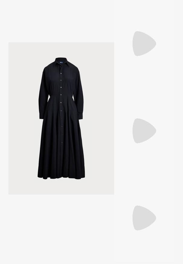Veste preta de botão feita de tecido leve. Apresenta um colarinho, mangas longas, saia ampla e um design de frente com botões.; Sandal metálica dourada com biqueira pontiaguda, leve salto e tira ajustável. Textura suave, design elegante e lados abertos.; Bolsa de mão branca em couro com acabamento texturizado, featuring a corrente dourada e detalhes pretos. Inclui um bolso frontal e fecho com zipper.; Brincos em metal dourado com forma de arco alongado e curvado. Apresentam uma superfície lisa e brilhante, com uma ponta arredondada para um detalhe adicional.