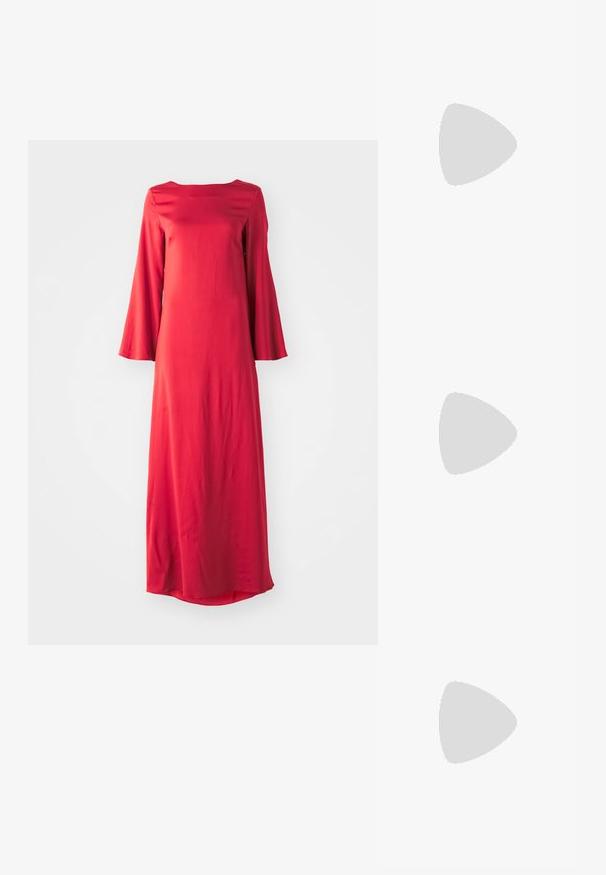 Nude long-sleeve bodysuit with puffed sleeves and a rounded neckline. Made from soft, stretchy fabric with a smooth texture.; Long red dress in lightweight fabric, featuring a bateau neckline and wide bell sleeves. Smooth texture with a straight silhouette.; Black leather sandal with thin straps, low block heel, and square toe. Features a buckle closure and smooth texture.; Black leather crossbody bag with half-moon shape, textured surface, gold zipper, and a flat strap. Compact design suitable for essentials.; Gold metal earrings with a simple round shape, featuring a smooth finish and a central polished band. Measures approximately 1 cm in diameter.