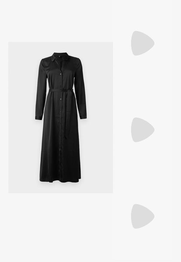 Two ribbed crop tops in black and white, featuring a round neckline and sleeveless design. Each has a fitted silhouette and soft texture.; Black, long-sleeve dress with a button-down front, collar, and matching belt at the waist. Smooth fabric, ankle-length with straight cut.; Gold, metallic slingback heels with a pointed toe and chunky heel. Smooth texture, minimalistic design, and a narrow strap.; Black leather handbag with a curved shape, detachable strap, and gold hardware. The bag features a flap with a buckle detail.; Gold-tone metal earring with a sleek, curved design. Features a distinctive pointed shape, polished surface, and hinge closure.