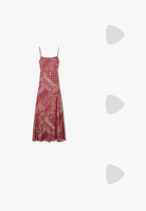 Tricou fără mâneci alb, realizat dintr-un material ribanat, cu guler rotund și tiv drept. Design simplu, fără embellishments suplimentare.; Rochie lungă burgundă cu bretele subțiri, cu un model paisley crem, tăietură dreaptă și o fanta în față pentru ușurința mișcării.; Mule-uri albe cu vârf deschis, cu toc înalt, cu un finisaj neted, design minimalist și un toc subțire, având un accent subtil de culoare maroniu pe talpă.; Geantă din paie țesută, de culoare bej deschis, cu un corp rotund, deschis în partea de sus și o curea detașabilă. Textură notabilă și model de țesătură complex.; Cluse BELISSENA WATCH - Ceas - silver-coloured/gold-coloured; Cercei din metal auriu, cu un design răsucit, având o textură îmbătrânită și o finisare netedă. Construcție ușoară și goală.