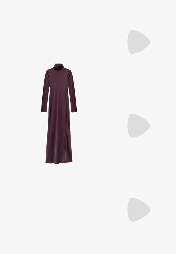 Long sleeve, turtleneck dress in deep burgundy, made of smooth fabric. Features a straight silhouette and reaches mid-calf. No visible patterns.; Black patent leather slingback shoe with pointed toe, cut-out detail, and a short block heel. Smooth texture and minimal accents.; Burgundy leather handbag with a soft, gathered design and a rounded shape. The handle is secured, showcasing a smooth texture.; Asymmetrical smooth shiny gold stud earrings with irregular rounded shapes on a white background.