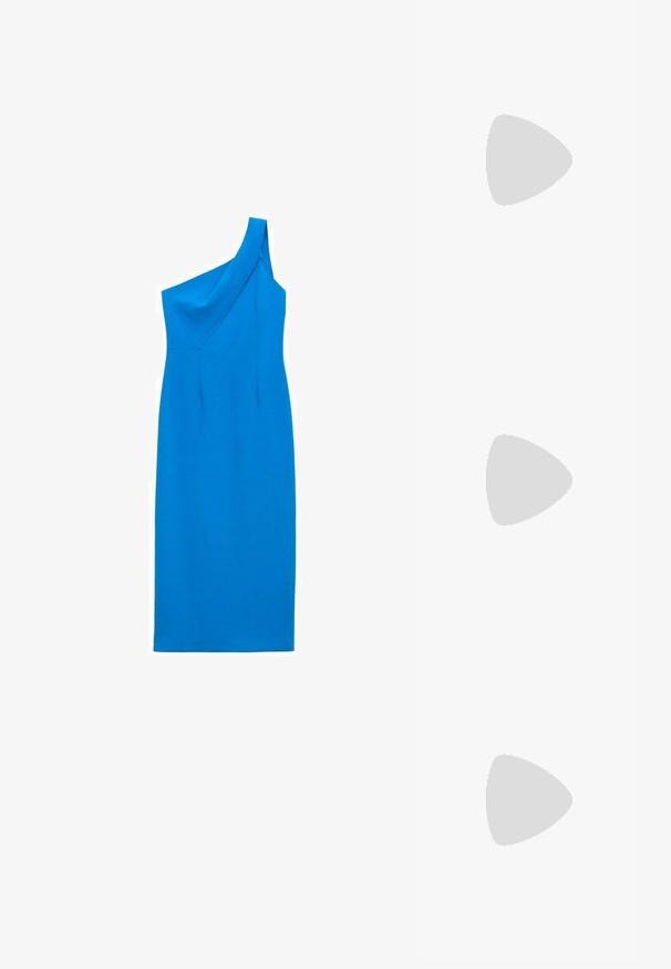 One-shoulder blue dress, fitted design, smooth texture, knee-length, featuring a draped detail at the shoulder and structured silhouette.; Black knee-high boot made of smooth leather with a block heel, rounded toe, and a sleek, unembellished design.; Black leather tote bag with a smooth texture, rounded body, and a single shoulder strap featuring a circular gold hardware accent.; Silver drop earrings with a square stud, featuring a smooth, polished finish and a teardrop shape, reflecting light with a glossy surface.