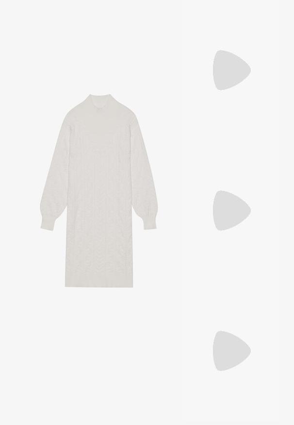 Débardeur de sport noir en tissu léger et respirant. Il présente un col rond et un logo subtil sur le côté supérieur gauche.; Robe pull en tricot blanc avec un col montant, des manches bouffantes et un ourlet côtelé, présentant un motif texturé sur toute la surface.; Escarpins en cuir verni noir avec bout pointu et talon bloc géométrique. Présente un design élégant et minimaliste ainsi qu'une texture lisse.; Sac à main en cuir noir avec une forme courbée, bandoulière amovible et des accessoires en or. Le sac est doté d'un rabat avec un détail de boucle.