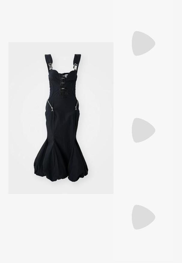 Red short-sleeve t-shirt made of cotton, featuring a white box with "Sale" in bold red lettering, and a round neckline.; Black dress with structured bodice, adjustable straps, zippered side pockets, and flared bottom hem. Smooth fabric with a slight sheen.; Black patent leather slingback pump with a pointed toe, cutout sides, adjustable ankle strap, and a thin, sleek heel.; Black flower choker collar made of layered petals, worn with a black ribbed tank top featuring silver accents along the neckline and shoulders.