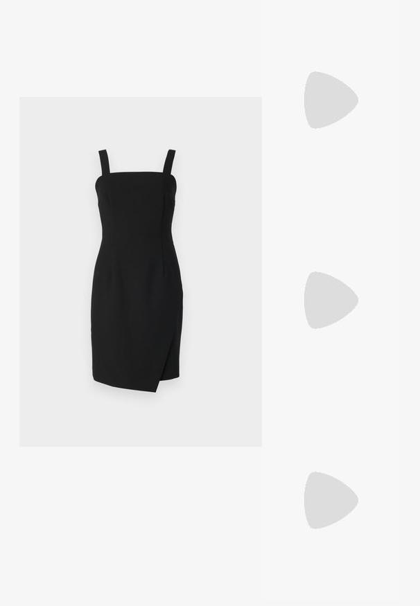 Dugi rukav sivi top izrađen od glatkog, rastezljivog materijala. Ima okrugli izrez i nabore na rukavima sa elastičnim manžetama.; Crna haljina uskog kroja sa kvadratnim izrezom, podesivim naramenicama i preklopnim detaljem sprijeda, izrađena od glatke tkanine.; Crne sandale na visokoj potpetici imaju tanke trake s čvorastim dizajnom, glatki kvadratni vrh i elegantnu stiletto petu.; Crne oversize sunčane naočale geometrijskog oblika, s tamnim staklima i kontrastnom sivom dekoracijom na okviru. Logo na dršci.; Svijetlosivi metalik ruksač s lancem, ukrašen malim okruglim metalnim zakovicama i trokutastim logotipom marke.; Srebro naušnice u obliku prstena s glatkom, sjajnom završnom obradom. Zaobljenog oblika, laganog dizajna, s kopčom na poleđini.