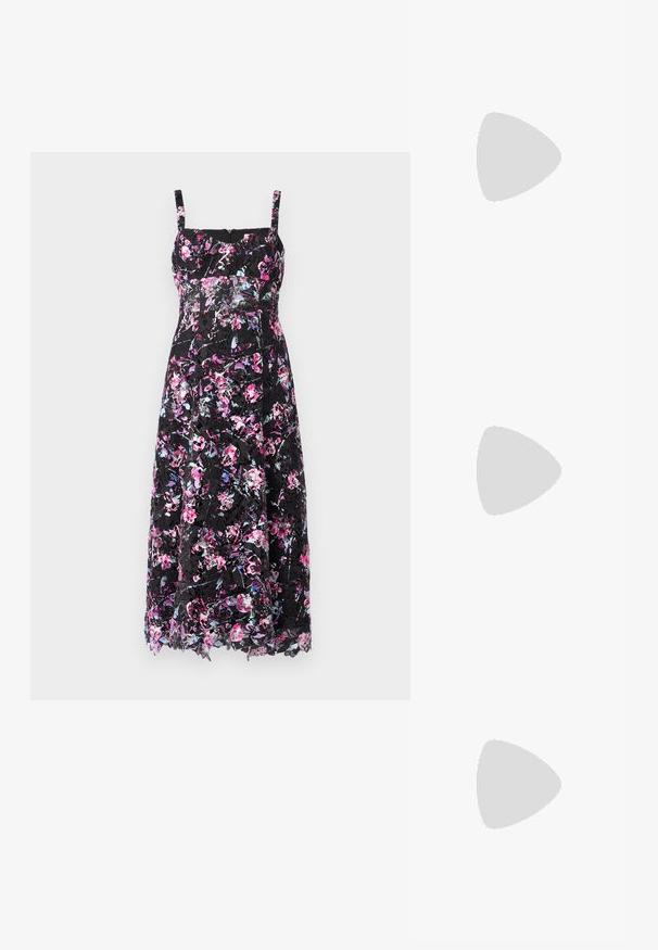 Black floral dress with spaghetti straps, featuring a vibrant pattern of pink and purple flowers, with a sheer lace overlay and a mid-length design.; Stuart Weitzman SLINGBACK - Sandals - black; Black synthetic handbag with a curved shape, featuring a large silver square buckle and a single rounded handle. Smooth texture.; Silver hoop earrings with a smooth, shiny finish. Rounded shape, lightweight design, featuring a post-back closure.