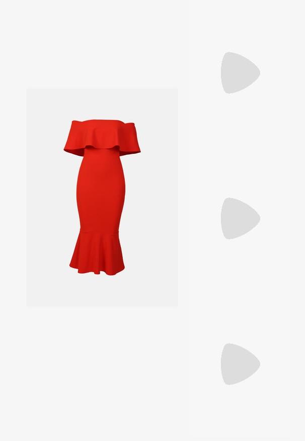 Punainen yhden olkapään mekko, jossa on levenevä helma. Valmistettu venyvästä kankaasta, se tarjoaa tiukan siluetin ja sileän rakenteen koko matkalta.; Call it Spring LUNAROSE - Varvassandaalit - black; Musta nahkainen olkalaukku, jossa on sileä pinta, suorakulmainen muoto ja metalliketju yksityiskohtana edessä. Mukana säädettävä hihna.; Kulta sävyiset renkaat, joissa on sileä ja kiillotettu pinta. Ominaisuuksia ovat puolikuun muoto ja turvallinen painike suljenta.