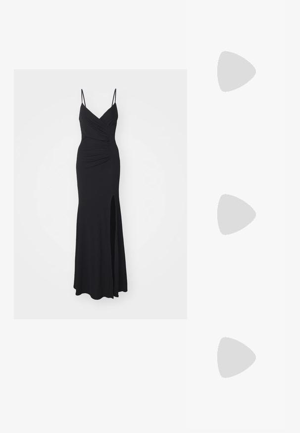 Fekete estélyi ruha vékony, állítható pántokkal, V-nyakkal, gyűrődésekkel a mellrészen, és combmagas hasítékkal az egyik oldalon. Rugalmas anyagból készült.; Csillogó ezüst magas sarkú cipő, hegyes orral, flitterekkel és drágakövekkel díszítve, vékony stiletto sarkal és sima talppal.; Kerek napszemüveg sötét lencsékkel és arany kerettel. A modellen világoskék, bordázott kardigán van gombokkal és kontrasztos fehér ujjaival.; Michael Kors bézs bevonatos vászon karkötő, amely ismétlődő MK logó mintával, aranyszínű fémrészletekkel és levehető lánchordóval rendelkezik.