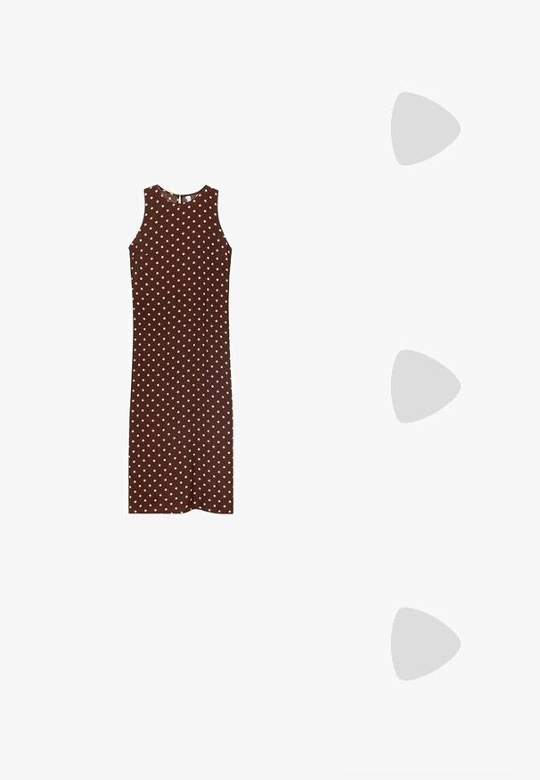 Brown sleeveless dress with white polka dots, featuring a round neckline and a straight silhouette. Smooth fabric with a simple design.; Mango Classic heels - off-white; Round, brown-tinted sunglasses with a glossy burgundy frame. Slim arms with subtle branding detail. Flat lens design.; Navy leather handbag with two long handles, a buckle detail, and a keychain attached. Features a smooth texture and a rectangular shape.