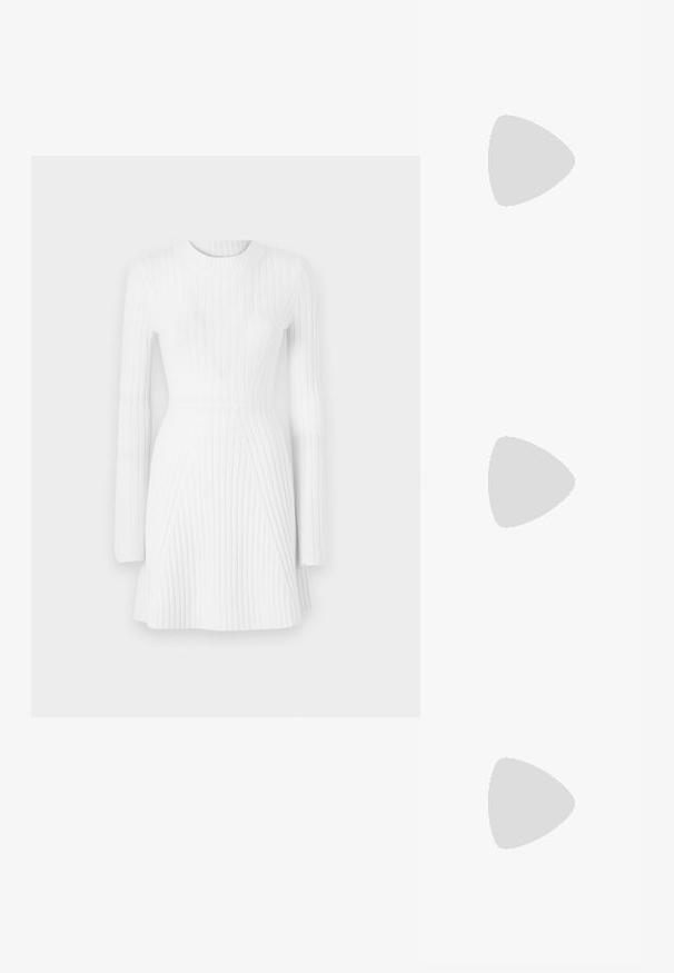 White ribbed dress with long sleeves, round neckline, fitted silhouette, and flared hemline featuring vertical and diagonal ribbing patterns.; Flat shoes made of soft beige leather with a rounded toe, smooth texture, and minimalistic design. Low-profile sole for easy wear.; Gold metallic handbag with a structured design, smooth texture, and adjustable strap. Features a unique triangular shape and minimalist stitching.; Gold-tone earrings featuring textured, wavy shapes. Includes sculptural clip-on studs and open hoop design with a hammered finish.