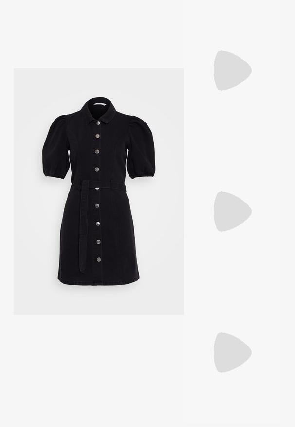 Black denim shirt dress with puff sleeves, collared neckline, front button closure, and a matching belt. Features smooth texture and tailored fit.; Steve Madden OCCUPY - Slip-ons - black; Red leather handbag with an angular, geometric design. Features a single adjustable strap and a flap closure with stitched detailing.; Set of gold-tone earrings including two pairs of studs, a chunky square design, and a floral accent hoop, showcasing various shapes and finishes.