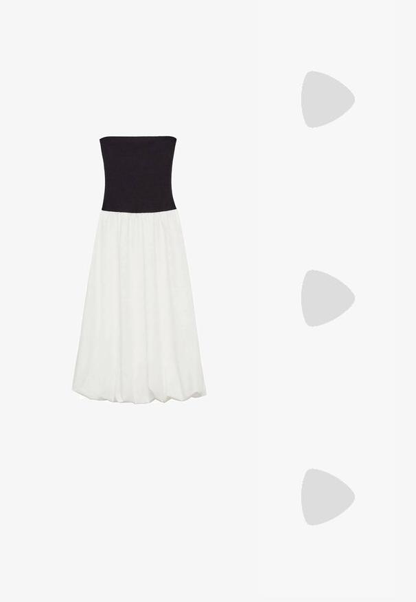 Abito senza spalline con un corsetto nero e una gonna bianca fluida. Il tessuto è morbido con una cucitura in vita arricciata, creando un blocco di colore a contrasto.; Scarpe slip-on in suede marrone con punta arrotondata, dettagli in pizzo e suola in gomma leggera. Presentano un pannello posteriore testurizzato.; Occhiali da sole rotondi con tonalità marrone, montatura lucida color bordeaux. Aste sottili con un sottile dettaglio del marchio. Design delle lenti piatte.; Borsa tote nera con un design perforato, dotata di spallacci lunghi e forma rettangolare. Realizzata in materiale flessibile.