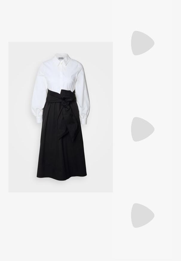 White button-up top with long puff sleeves, paired with a black skirt and fabric belt tied at the waist, made from smooth cotton material.; Black patent leather slingback shoe with a pointed toe, cut-out sides, and a low block heel. Features an ankle strap with a buckle.; Black oversized sunglasses with gradient lenses, thick frames, and gold-tone chain detailing on the temple arms.; Black tote bag made of synthetic material, featuring simple rectangular design, gold square accents, and double handles.