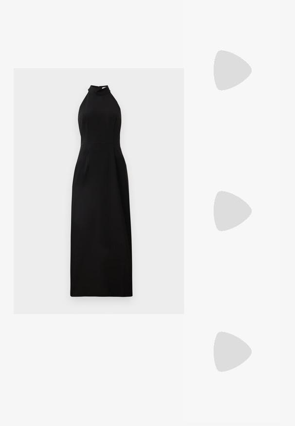 Vestido maxi negro sin mangas con un escote alto y un corpiño ajustado. Tejido suave con un brillo sutil y cierre de cremallera en la parte posterior.; Zapato de tacón alto gris metálico con punta afilada, tira de tobillo y un diseño de tacón angular único. Textura suave con un brillo sutil.; Bolso bandolera metálico plateado con un diseño geométrico acolchado, tapa plana y correa ajustable con herrajes plateados.; Candados en forma de corazón de plata con inscripciones grabadas de "SÍ" y "NO", acabado pulido, diseño simétrico y un robusto cierre de metal.