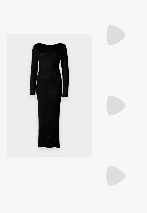 Black long-sleeve top made of textured lace, featuring a scalloped neckline and fitted design with a cropped silhouette.; Black, long-sleeve dress made of textured fabric with a fitted shape and floor-length design, featuring subtle sparkles throughout.; Brown leather cowboy boots with pointed toe and block heel, featuring detailed stitching and raised accents on the shaft.; Black leather clutch bag with a flap and a gold metal buckle detail. Includes a black strap and a sleek, minimalist design.; Silver hoop earrings with a twisted design, featuring a polished finish and post-back closure. Measure approximately 3 cm in diameter.