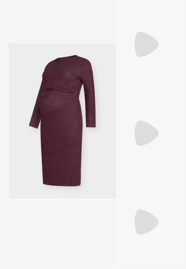 Maternity dress in burgundy, made from a textured knit fabric, features long sleeves and a front tie closure under the bust.; Black knee-high boot made of smooth leather, with a rounded toe and small heel, featuring a pull tab at the back for easy wear.; Black leather tote bag with a smooth texture, rounded body, and a single shoulder strap featuring a circular gold hardware accent.; Set of gold-tone earrings featuring various designs, including studs, hoops, and dangling pieces with pearls and rhinestones.