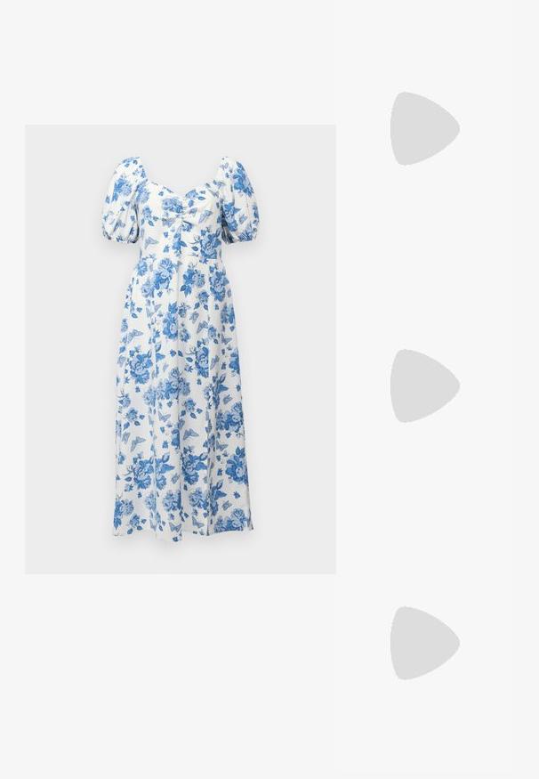 Robe florale avec un fond blanc, ornée de roses bleues et de papillons, manches bouffantes, décolleté carré et longueur totale.; Bottine de cowboy en cuir blanc avec un bout pointu et un talon bloc. Présente des motifs de broderie complexes sur la tige et une texture lisse.; Trois paires de lunettes de soleil rectangulaires : une rose, une blanche, une noire. Toutes ont des verres teintés et une monture en plastique brillant.; Boucles d'oreilles en argent en forme de créoles avec un design torsadé, dotées d'une finition polie et d'une fermeture à poussoir. Mesurent environ 3 cm de diamètre.
