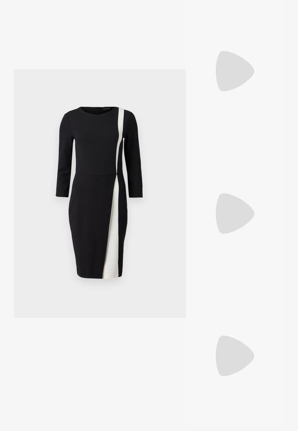 Two t-shirts: one navy with white stripes and one cream with blue and green stripes. Both feature short sleeves and a round neckline.; Black dress with three-quarter sleeves, featuring a white diagonal stripe. Made of smooth fabric, fitted waist, and knee-length design.; Black patent leather slingback heels with a pointed toe, a rounded cutout design, and a block heel. Features a gold-tone buckle accent.; Black oversized sunglasses with gradient lenses, thick frames, and gold-tone chain detailing on the temple arms.; Black tote bag made of synthetic material, featuring simple rectangular design, gold square accents, and double handles.