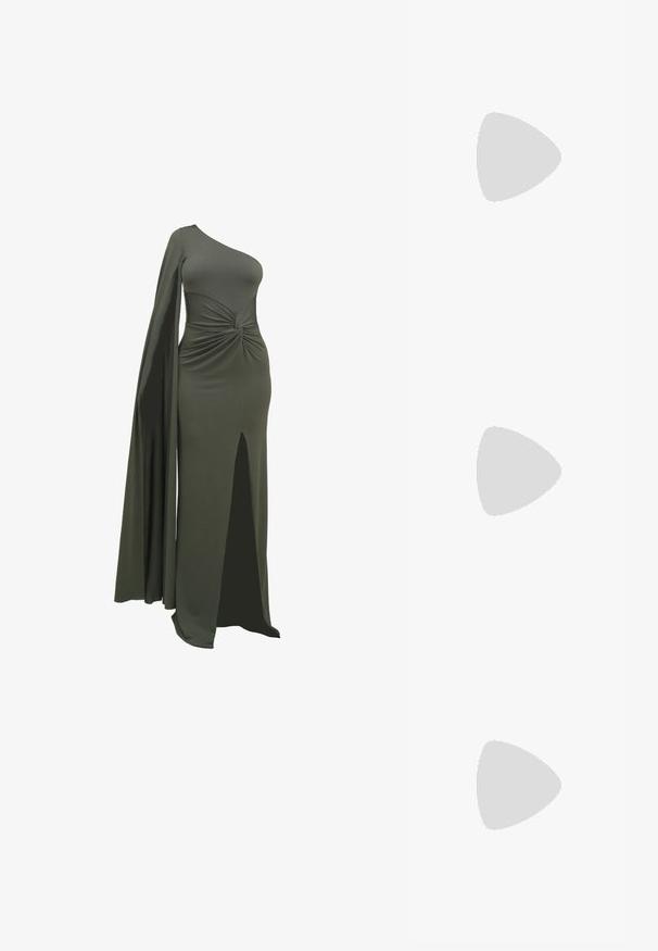 Schwarzes, geripptes Langarmoberteil mit rundem Halsausschnitt und gewellten Saumkanten, aus einem dehnbaren Material für eine figurbetonte Passform.; Grünes, einseitiges Kleid aus glattem, dehnbarem Stoff. Mit einem gedrehten Detail in der Taille und einem Oberschenkel-hohen Schlitz auf einer Seite.; Mango High Heel Sandalette - black; Schwarze Ledertasche mit gekräuselter Textur, goldfarbener Kettenakzent und einem auffälligen goldenen Verschluss mit ovalem Logo. Verstellbarer Schulterriemen.; Goldfarbene rechteckige Armbanduhr mit Zifferblatt in Weiß, silbernen Stundenmarkierungen und einem strapazierfähigen Metallarmband. Wasserfest.