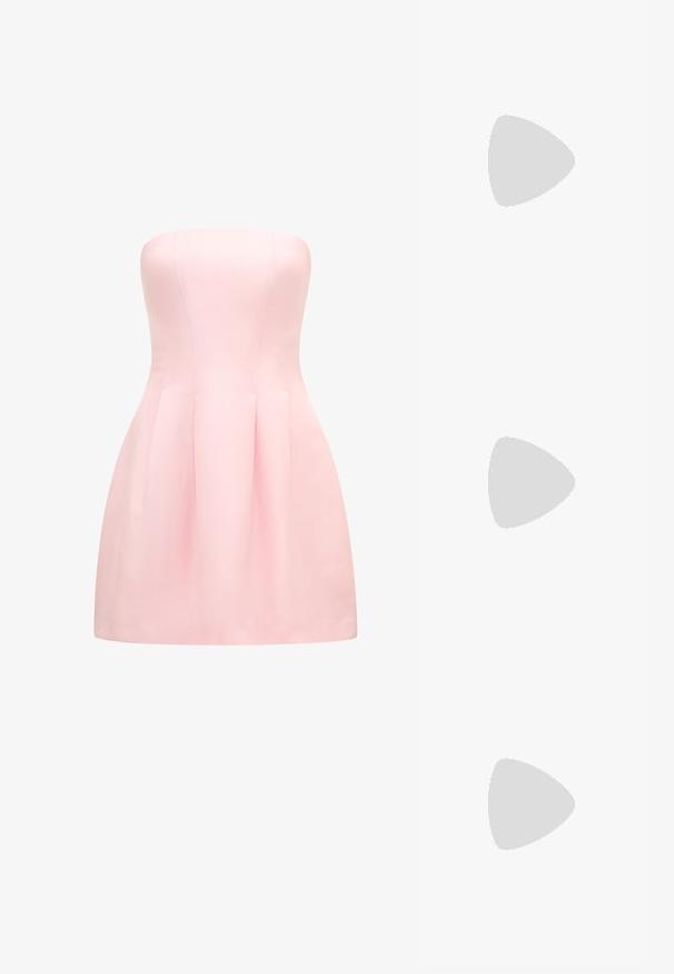 Black cropped t-shirt made of soft cotton, featuring a crew neck and short sleeves with a relaxed fit and slight gathering at the hem.; Strapless dress in soft pink fabric, featuring a fitted bodice and pleated skirt. Smooth texture with clean stitching details.; Black patent leather mules with a pointed toe and a low-cut design. Features a thin heel and paired with black sheer stockings.; Black rectangular sunglasses with dark lenses, glossy plastic frames, and gold accents on the temples. Minimalist design and sleek shape.; Black fabric handbag featuring a tied bow accent, rounded shape, textured surface with small patterns, and a single, thin handle.