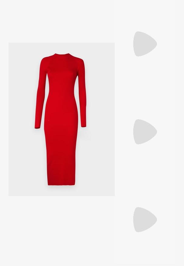 Vero Moda Tall VMWILLOW czerwony; Czarne skórzane kozaki do kolan z kwadratowym noskiem, skromnym obcasem blokowym i minimalnym przeszyciem, charakteryzujące się gładkim, błyszczącym wykończeniem.; Czarna skórzana torba na ramię z dwoma długimi uchwytami, gładką teksturą i sztywną formą. Posiada przednią kieszeń dla dodatkowego przechowywania.; Srebrne kolczyki w formie kółek z gładkim, polerowanym wykończeniem. Okrągły kształt, lekkie wykonanie, z bezpiecznym mechanizmem zapięcia.