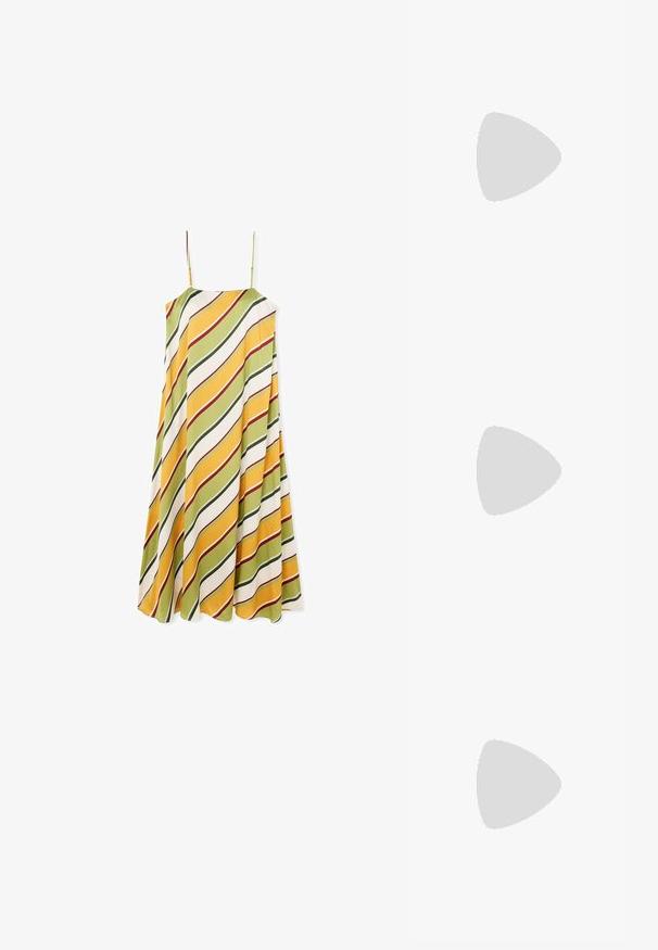 A sleeveless dress with a flowing shape, featuring diagonal stripes in green, yellow, and white with red accents, made of smooth fabric.; White long-sleeve button-up shirt made of lightweight fabric with a classic collar, single chest pocket, and straight hem.; Gold synthetic slide sandal with a single strap and buckle accent, featuring a brown cork footbed and textured rubber sole.; Canvas tote bag in cream with brown leather accents, featuring a prominent circular V logo. Includes a small matching crossbody pouch.