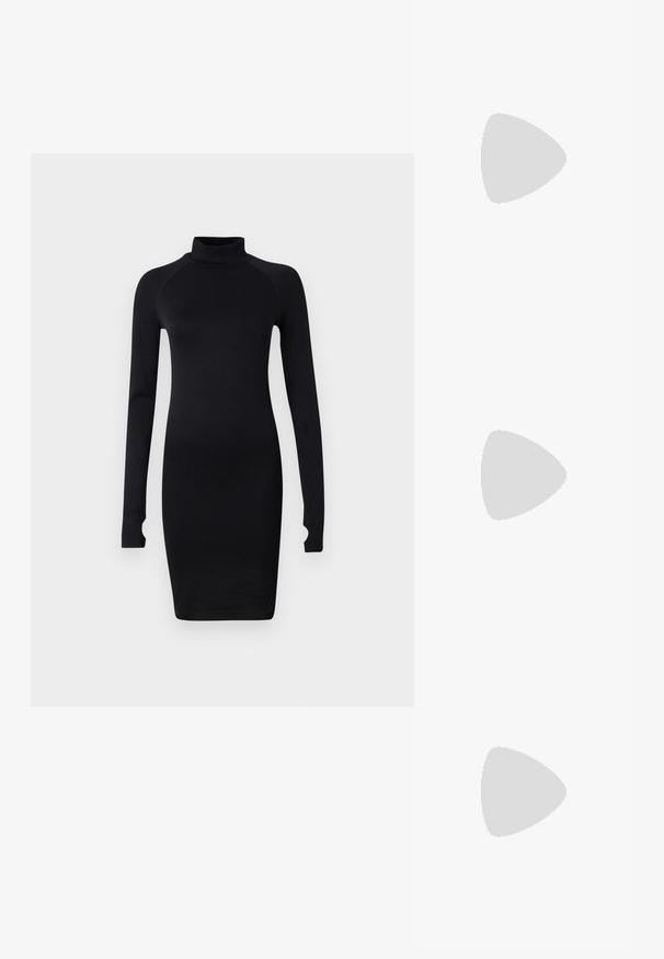 Czarna dopasowana sukienka z wysokim golfem, długimi rękawami raglanowymi i prążkowanymi detalami przy mankietach. Wykonana z gładkiego, elastycznego materiału.; Czarne skórzane botki za kostkę o teksturowanej powierzchni, z wąskim nosem i niskim obcasem w kształcie słupka, zestawione z dopasowanymi burgundowymi spodniami z ekoskóry z wzorem krokodyla.; Czarna skórzana torebka kopertowa z klapką i detalem w postaci złotej metalowej klamry. Zawiera czarny pasek oraz elegancki, minimalistyczny design.; Złote kolczyki w kształcie cienkich okrągłych obręczy, o gładkim metalicznym wykończeniu, bez zdobień czy wzorów.