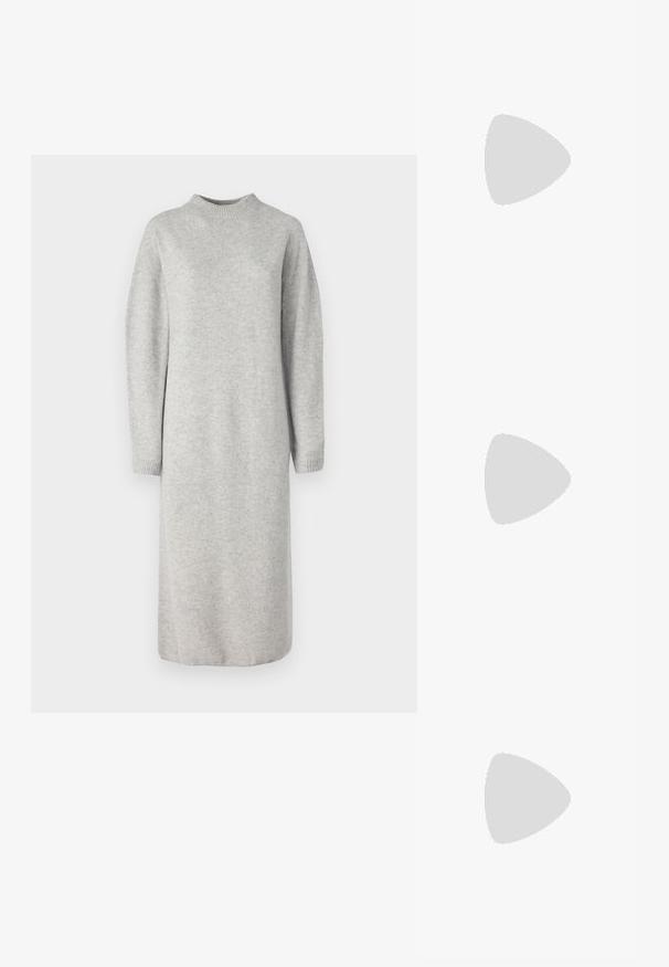 Long-sleeve, gray knitted dress with a high neckline, straight cut, and ribbed cuffs, featuring a soft texture and minimal design.; HUGO RIVEN - Trainers - white; Black sunglasses with angular, cat-eye design. Silver mirrored lenses. Slim, lightweight plastic frames with subtle branding on the temples.; Silver metal earrings with a smooth, teardrop shape and a polished finish. Subtle engravings add detail. Minimalist design.
