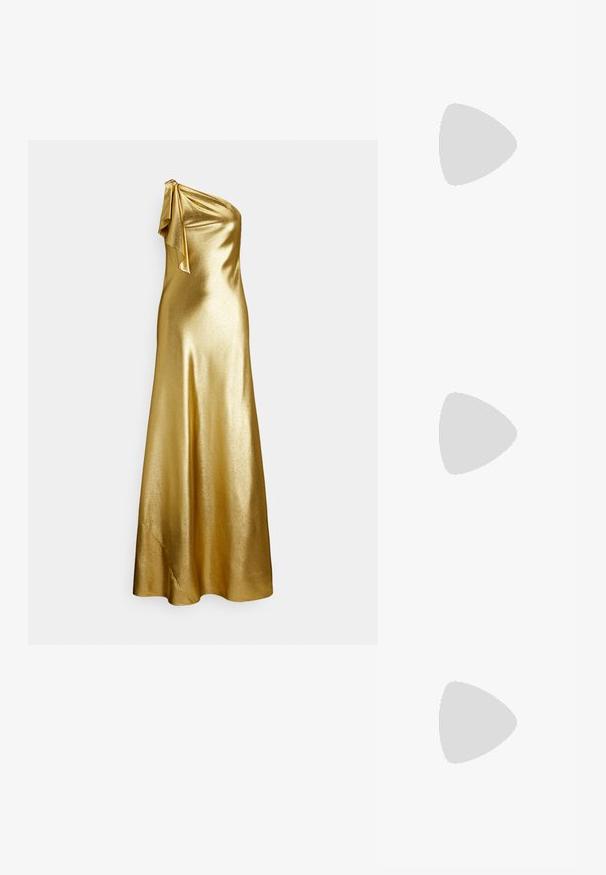 One-shoulder gold satin dress with a tie detail at the shoulder, featuring a smooth, sleek texture and floor-length design.; Pointed-toe pump in beige fabric with a geometric pattern, featuring a low heel and a sleek silhouette. Smooth texture and minimal accents.; White leather handbag with a textured finish, featuring a gold chain strap and black accents. Includes a front pocket and zipper closure.; Lauren Ralph Lauren BASIC SMALL HOOP - Earrings - gold-coloured