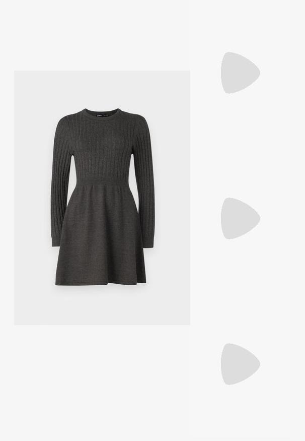Dark gray knit dress with ribbed texture, long sleeves, round neck, and a fitted bodice that flares into a skirt.; Black knee-high stiletto boot with a sleek, shiny leather finish, pointed toe, and a narrow, high heel. Smooth texture without visible patterns.; Black handbag with structured shape, smooth texture, and a metallic clasp. Paired with wide black pants and open-toe sandals on wooden floor.; Silver hoop earring with a polished finish, featuring small gold accent details and a round shape, worn on the lobe.