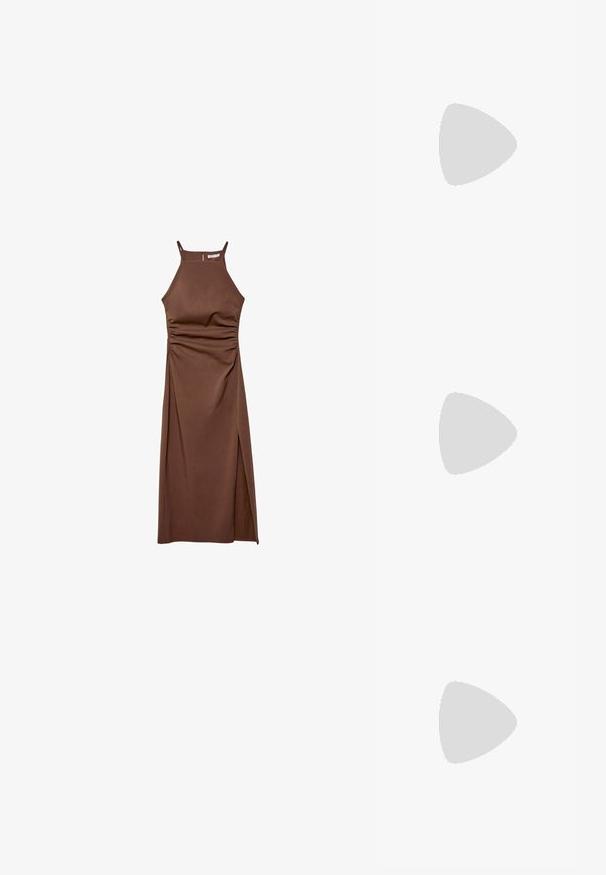 Stradivarius HALTER - Enostavna obleka - dark brown; Ravne japonke v svetlo rumeni barvi. Narejene iz gladkega kavčuka z dvema diagonalnima trakova in debelim podplatom za udobje in trajnost.; Kornjačaste očala z ovalnimi lečami in gladko, sijočo površino. Imajo tanke stranice z rahlim ovinkom na templjih. Prosojne leče.; Mango Torba za nakupovanje - dark brown