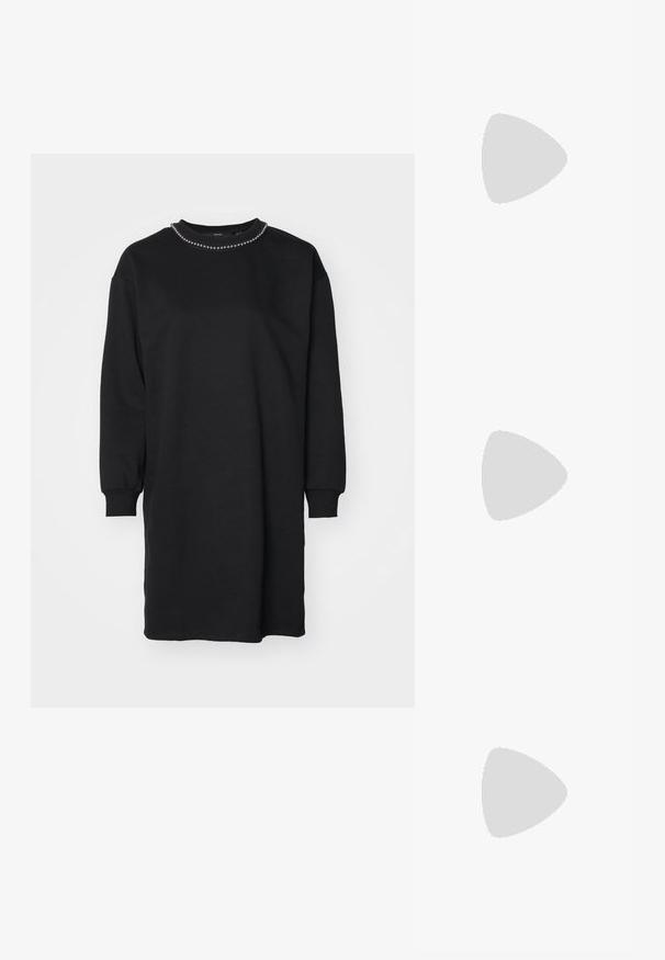 Two camisole tops in white and black. Both feature thin straps and a decorative lace neckline. Made of soft, stretchy fabric.; Black sweatshirt dress with long sleeves, rounded neckline adorned with decorative beading, crafted from soft, textured fabric.; Black flat shoes with a soft, textured upper, featuring two adjustable straps and a rounded toe design, mounted on a flat rubber sole.; Black rectangular sunglasses with dark lenses, glossy plastic frames, and gold accents on the temples. Minimalist design and sleek shape.; Black fabric handbag featuring a tied bow accent, rounded shape, textured surface with small patterns, and a single, thin handle.; Silver hoop earrings featuring a bow design, with a smooth finish and a polished texture. Compact, minimalist style suitable for various occasions.