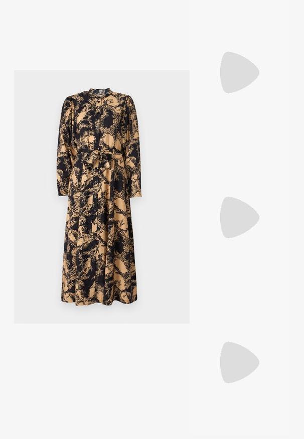Long button-up dress in black and beige floral pattern, with long sleeves, a cinched waist, and a tied belt. Smooth fabric texture.; Black knee-high stiletto boot with a sleek, shiny leather finish, pointed toe, and a narrow, high heel. Smooth texture without visible patterns.; Black handbag with structured shape, smooth texture, and a metallic clasp. Paired with wide black pants and open-toe sandals on wooden floor.; Silver hoop earrings with a twisted design, featuring a polished finish and post-back closure. Measure approximately 3 cm in diameter.