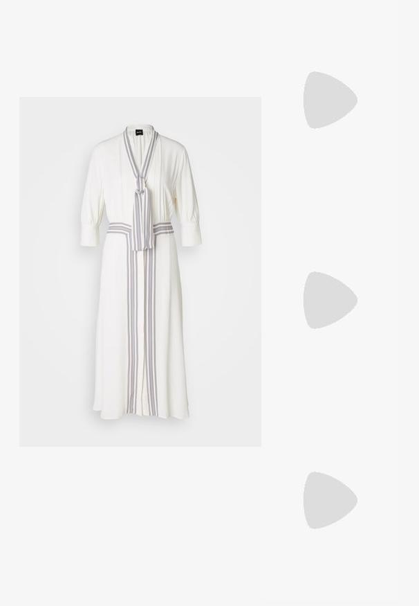 White dress with a wrap design, featuring a striped tie at the neckline and a centered stripe detail down the front, three-quarter sleeves.; Pointed-toe slingback shoe in off-white leather, featuring a low heel and cut-out design with a smooth texture and minimal accents.; Cream-colored handbag with a textured finish, curved shape, short handle, and gold-tone logo detail. Zipper closure at the top.; Gold-colored hoop earrings with a smooth, curved design. Made of metal, featuring a sleek finish and post-back closure.