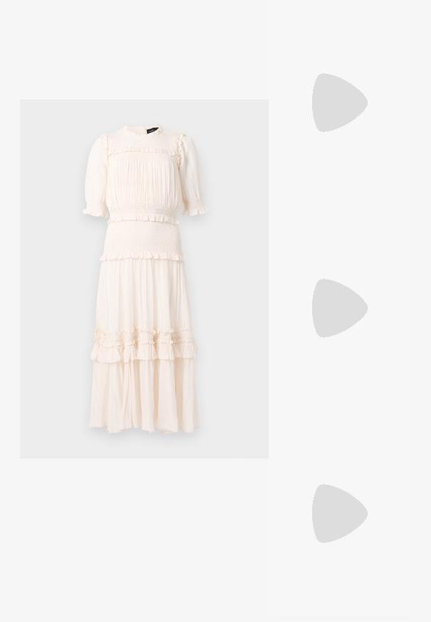 Cream midi dress with puff sleeves, smocked waist and bodice, and ruffled tiered skirt details against a plain background.; Beige espadrille wedge with a textured fabric upper, woven jute heel, and a ribbon tie at the ankle for secure fit.; Cult Gaia HERA - Handbag - black/pearl; Pair of irregular oval-shaped gold-toned metal earrings with a textured, slightly hammered surface on a white background.