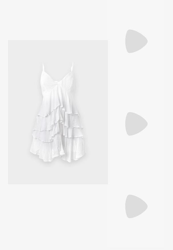 Vestido blanco sin mangas con capas con volantes, hecho de un tejido ligero que presenta patrones de ojal y una textura delicada. Diseño con escote en V.; Sandalia de esparto de ante en taupe, diseño de espalda abierta, suela de yute, tacón plano, con acento de hebilla ajustable, que presenta una careta de dedo en beige en contraste.; Gafas de sol negras con una forma de ojo de gato estrecha. Hechas de plástico suave, con lentes oscuros y sutiles acentos de logo en las patillas.; Monedero de muñeca Michael Kors en lona recubierta beige que presenta un patrón repetido del logo MK, herrajes dorados y una correa de cadena desmontable.